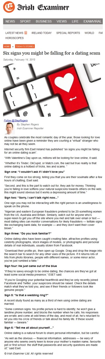 Irish Examiner online 14.02.2015